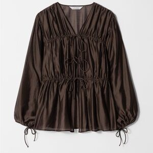 Aritzia Brown Satin Tie-Front Peasant Blouse